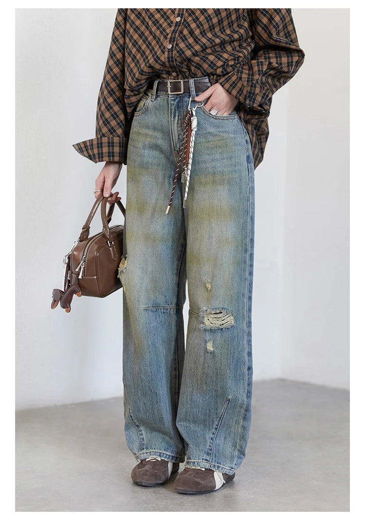 Chic ven retro calças de brim femininas soltas casuais nova cintura alta pernas largas denim calças femininas primavera outono 2025