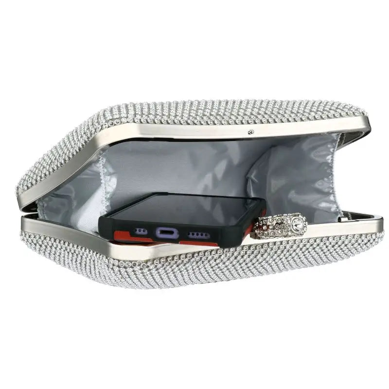 Bolsa de mão feminina para festa à noite, bolsa de mão em corrente para celular, batom prateada