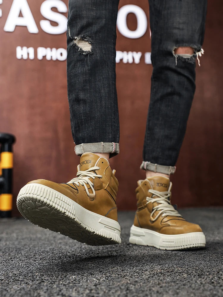 Sapatos masculinos de cano alto de inverno, sapatos esportivos casuais de couro, roupas de trabalho retrô, sapatos esportivos casuais versáteis e modernos