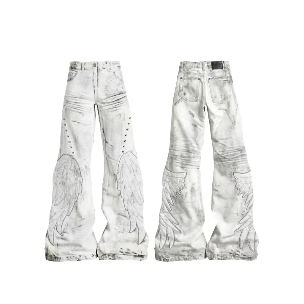Calças Femininas Americanas Retrô Hot Girl Tie-Dye de Cintura Alta Boca de Sino Slim Rasgadas Novas de Outono e Inverno Lavadas Casuais