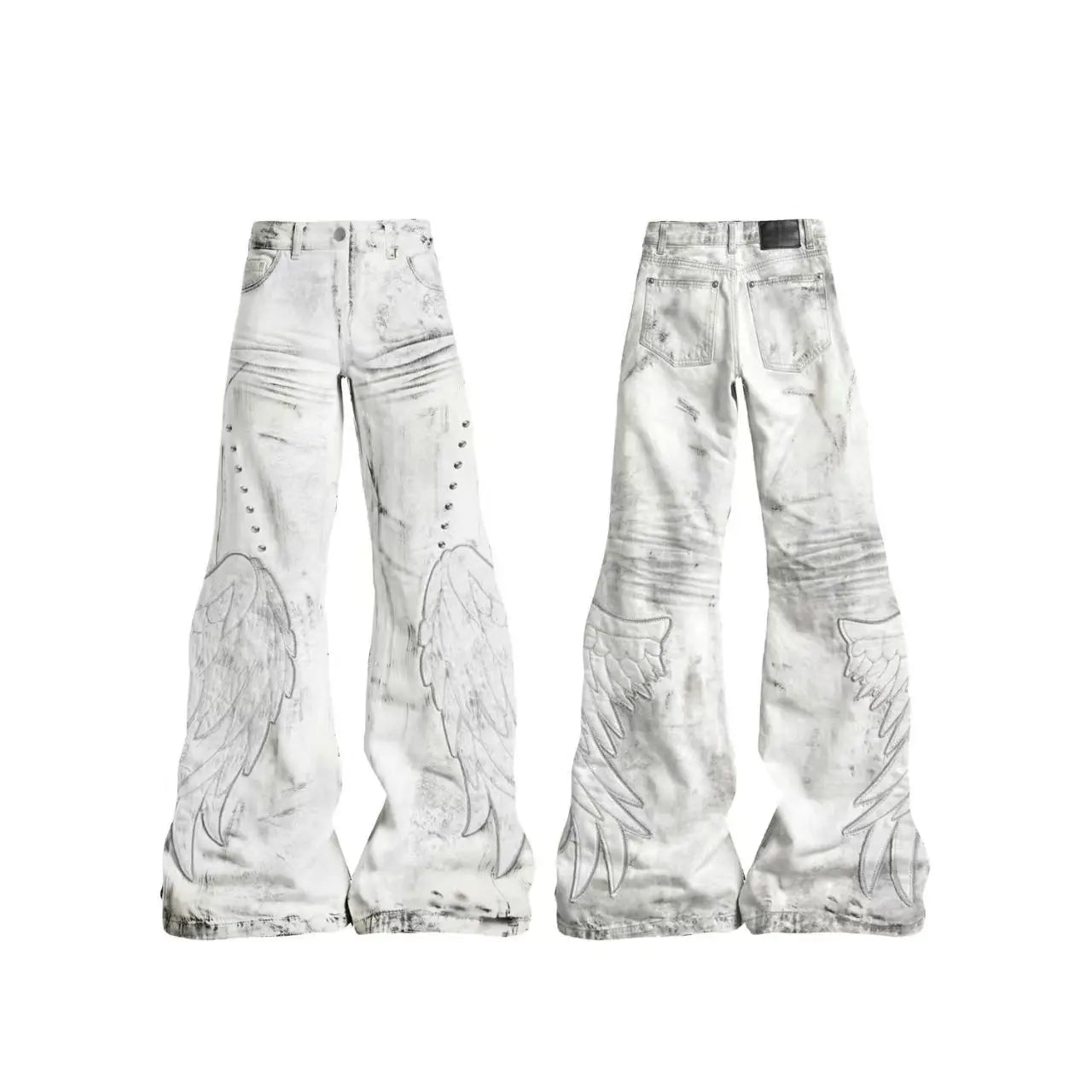 Calças Femininas Americanas Retrô Hot Girl Tie-Dye de Cintura Alta Boca de Sino Slim Rasgadas Novas de Outono e Inverno Lavadas Casuais