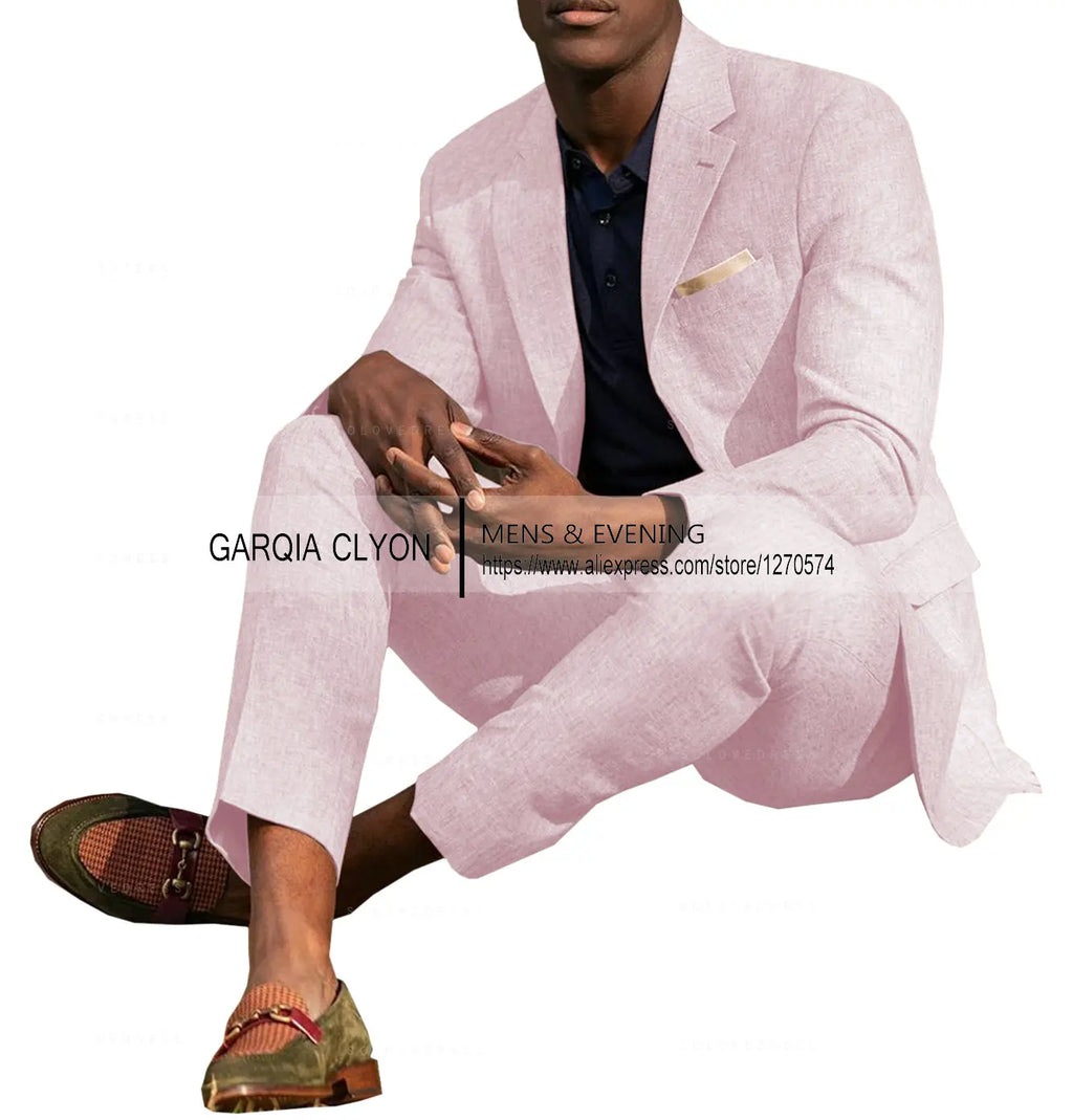 Ternos masculinos de linho, 2 peças, verão, casual, lapela de entalhe, ternos de casamento masculinos (blazer + calça)