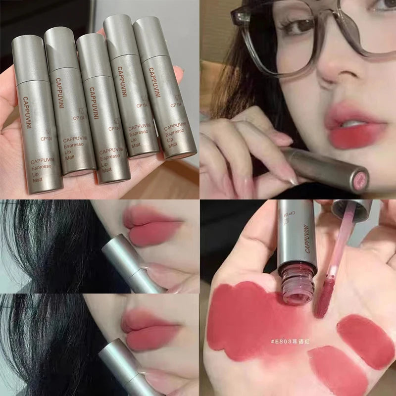 Batom fosco de veludo vermelho escuro, à prova d'água, longa duração, fosco, brilho labial, copo antiaderente, maquiagem labial, maquiagem cosmética