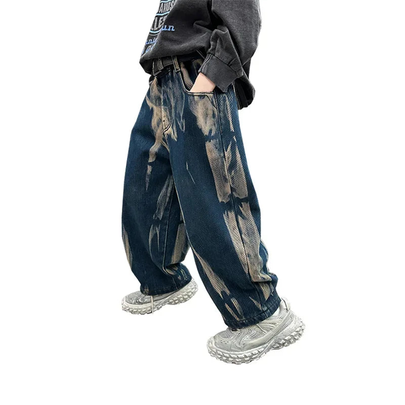 Crianças graffiti jeans meninos primavera e outono 2025 novas crianças adolescentes bonito meninos perna reta solta calças de perna larga