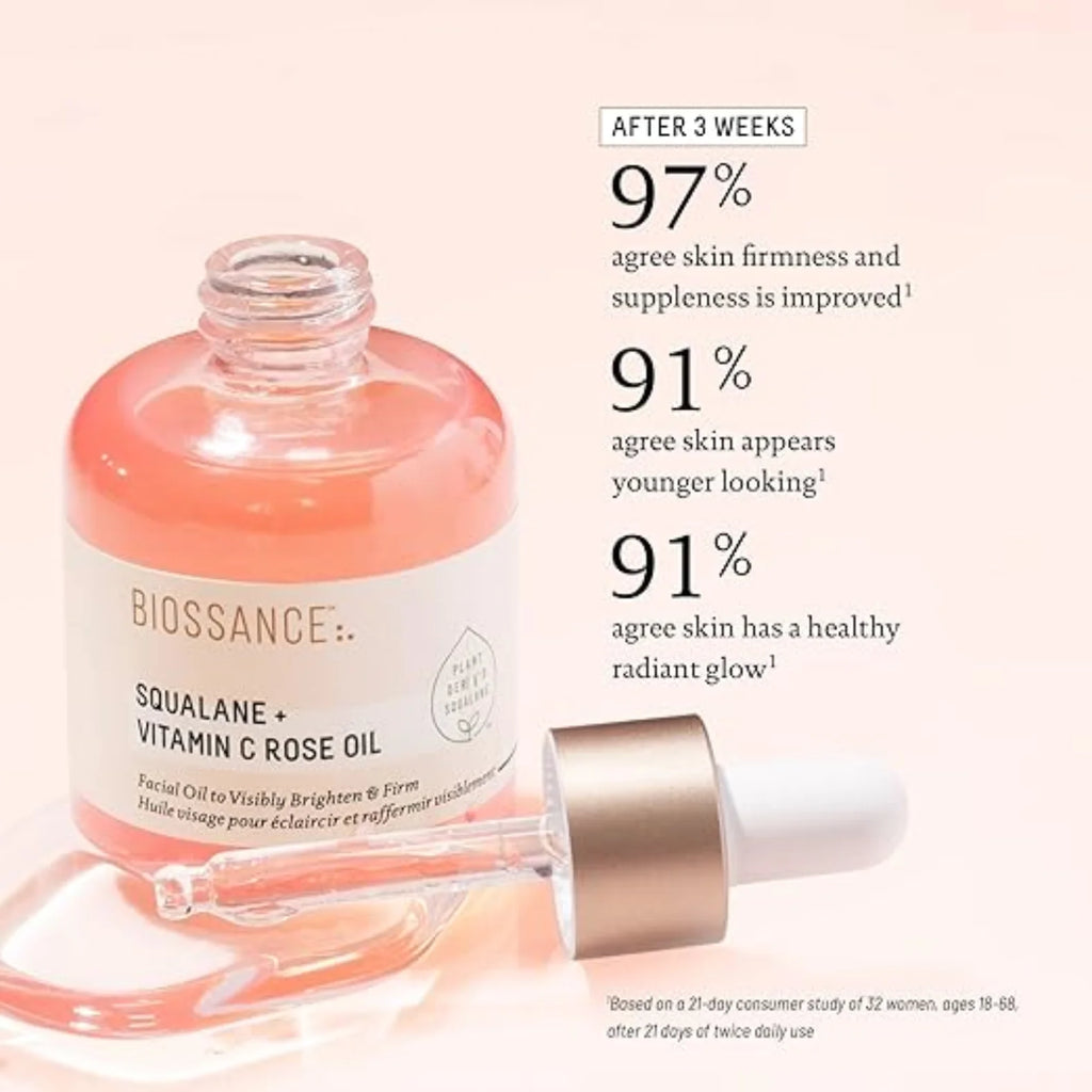 Óleo Facial Avançado de Squalano + Vitamina C com Rosa - Sérum Iluminador, Firmador e Hidratante para Todos os Tipos de Pele