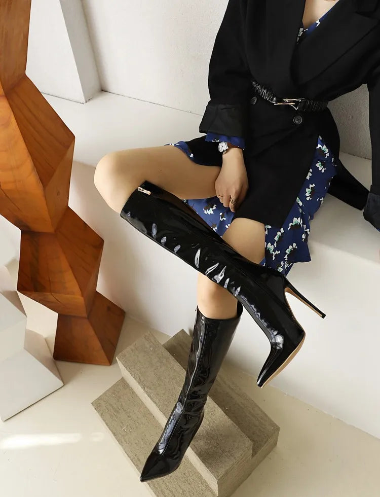 Senhoras elegantes botas longas 2024 clube festa saltos stiletto moda feminina joelho-botas altas inverno curto pelúcia apontou toe sapatos vermelhos