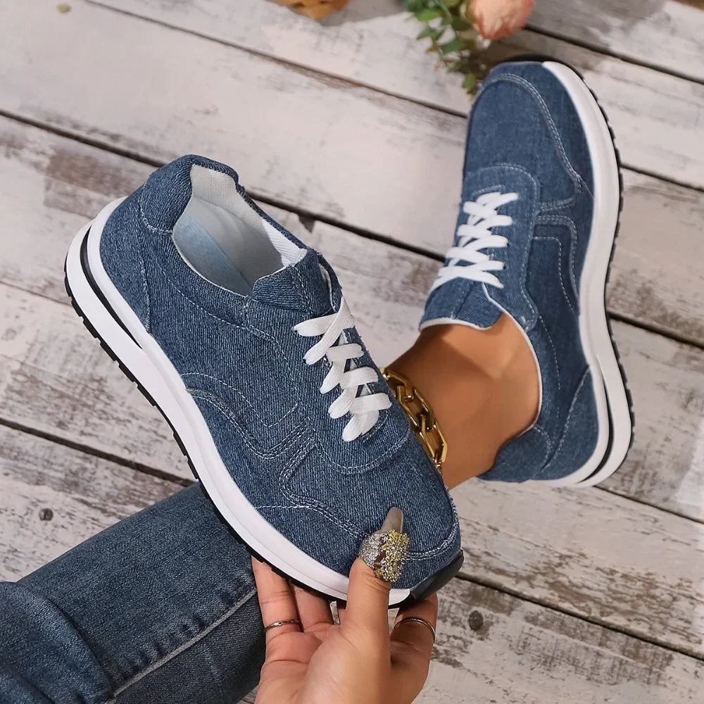 Azul denim plataforma tênis moda feminina sola grossa rendas até sapatos esportivos mulher plus size 43 confortável casual tênis femininos