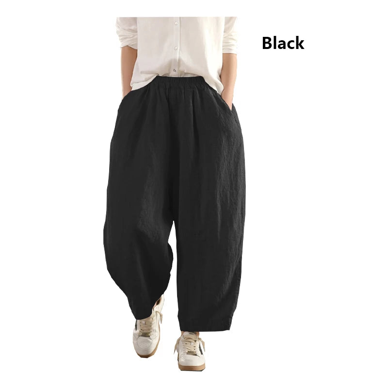 Calças compridas femininas de linho puro natural, estilo solto e retrô, calças largas, roupas de tamanho grande, casuais ao ar livre, confortáveis e legais