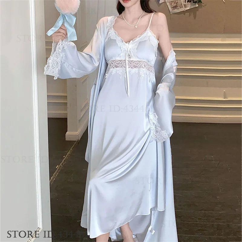 Feminino longo twinset robe conjunto sexy renda guarnição roupão de casamento quimono vestido sleepwear elegante seda gelo camisola loungewear homewear