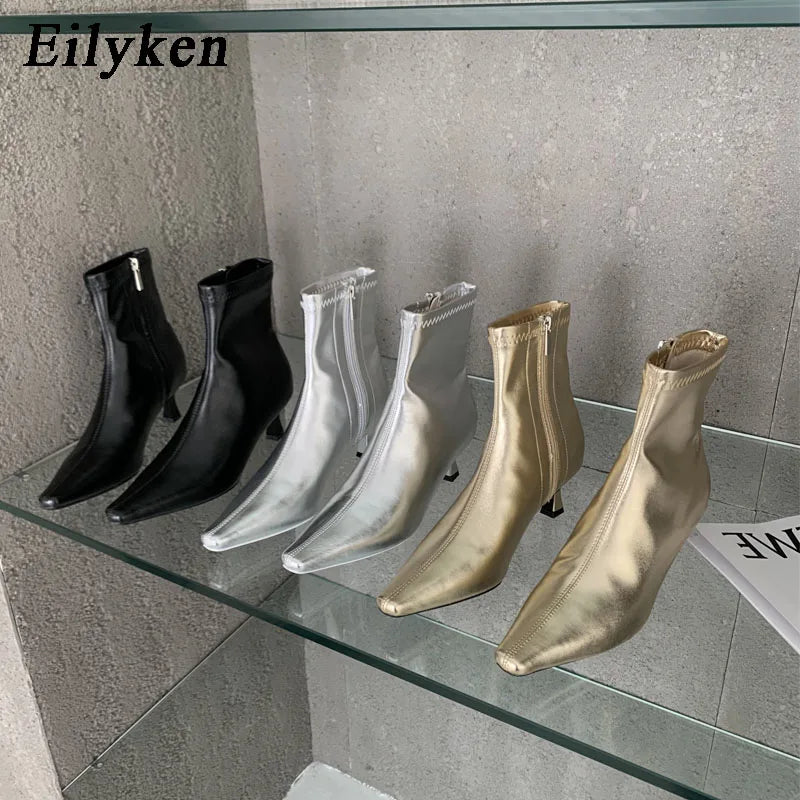Eilyken primavera novo dedo do pé apontado botas de tornozelo senhoras eelgant fino salto alto sólido chelsea sapatos de couro macio botas curtas
