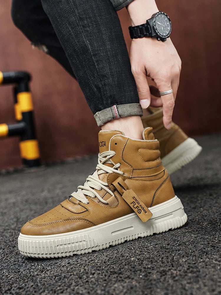 Sapatos masculinos de cano alto de inverno, sapatos esportivos casuais de couro, roupas de trabalho retrô, sapatos esportivos casuais versáteis e modernos