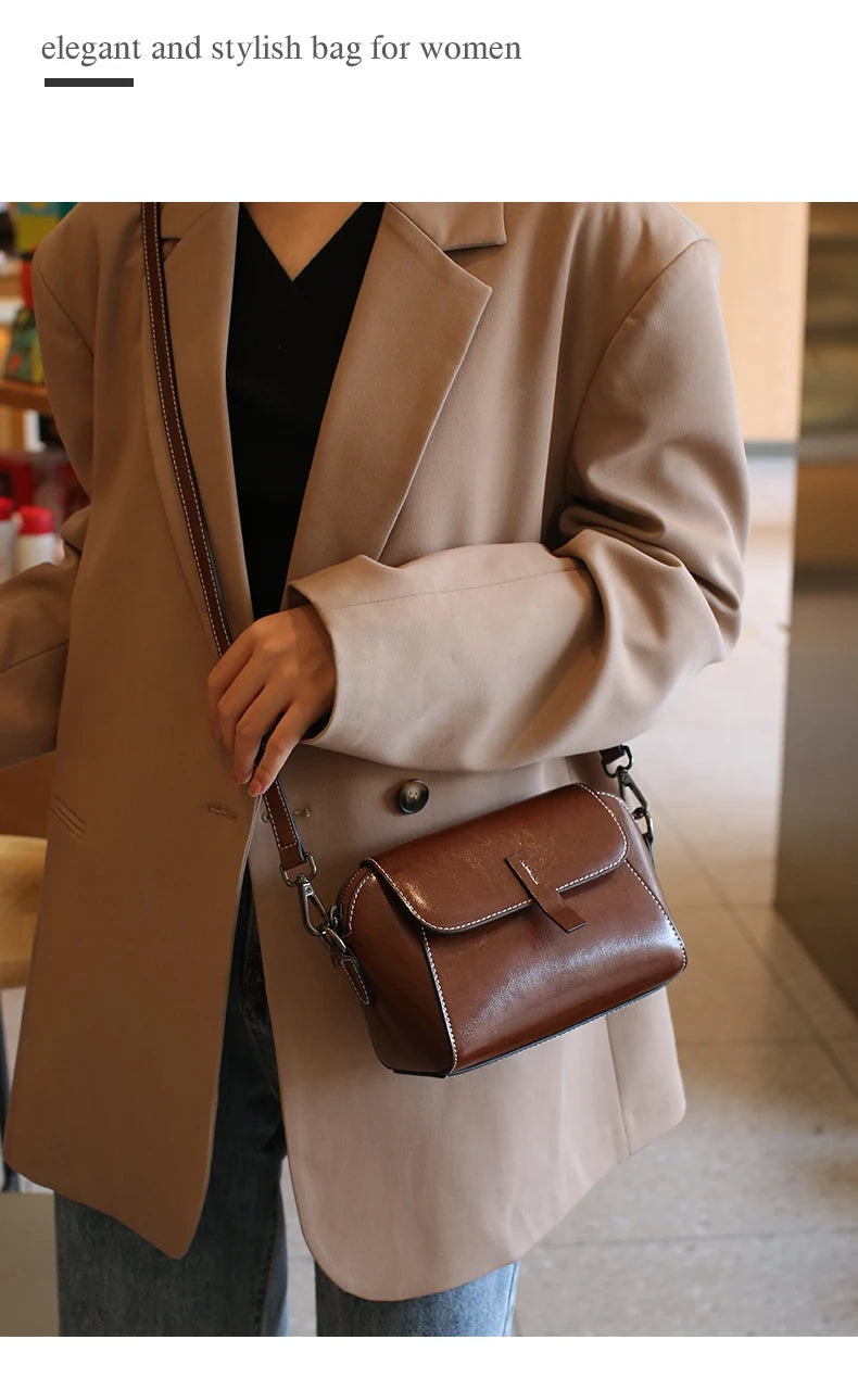Bolsa transversal pequena de couro legítimo com acabamento em cera de óleo para mulher, bolsa fashion versátil em formato de concha, bolsa casual para celular.