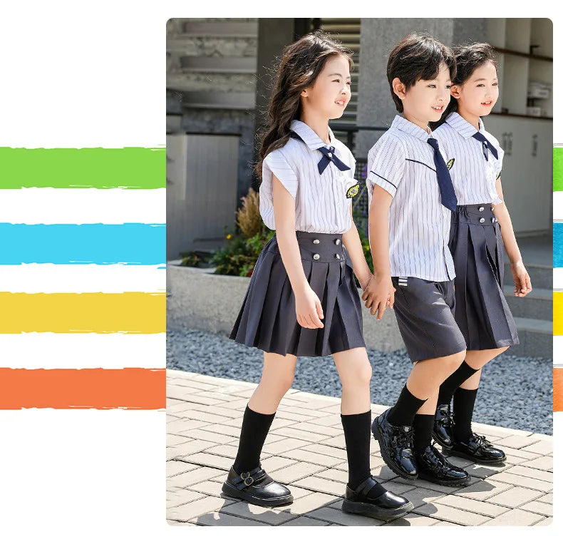 Meninas coreano japonês preppy listrado blusa saias meninos camisas shorts crianças conjuntos de roupas verão estudantes uniformes escolares