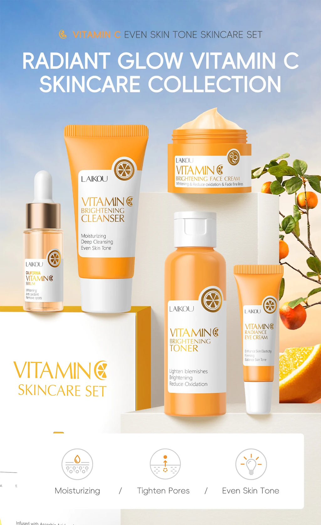 Laikou vitamin c conjunto de cuidados com a pele iluminando 5 pçs kit mesmo tom da pele suave rugas apertar poros limpador toner soro creme para os olhos