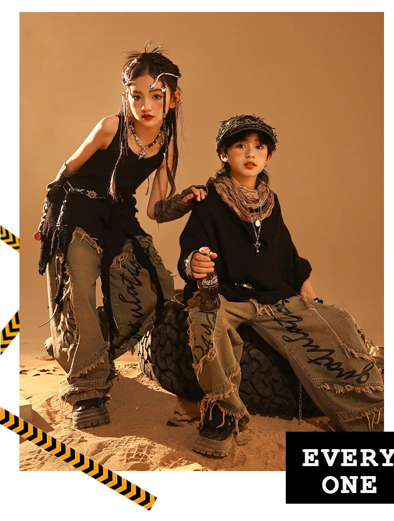 Conjunto de regata e jeans infantil Wasteland Street Dance de malha, moletons de hip hop, roupas de jazz, roupas punk, meninos e meninas