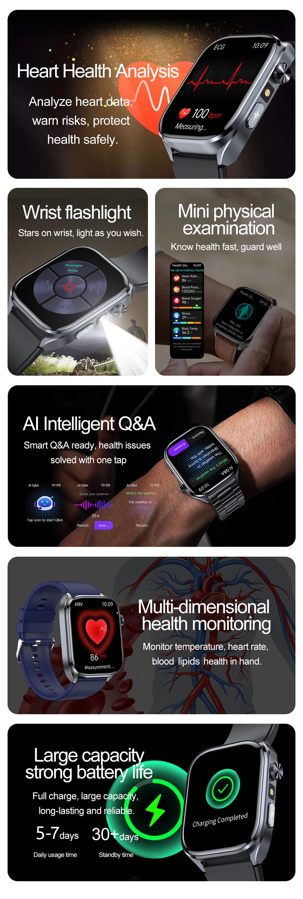 Novo Smartwatch 2026 com ECG Preciso, Análise de Saúde Cardíaca, Análise de Sangue, Lipídios no Sangue, Pressão Arterial e Chamada Bluetooth para Homens