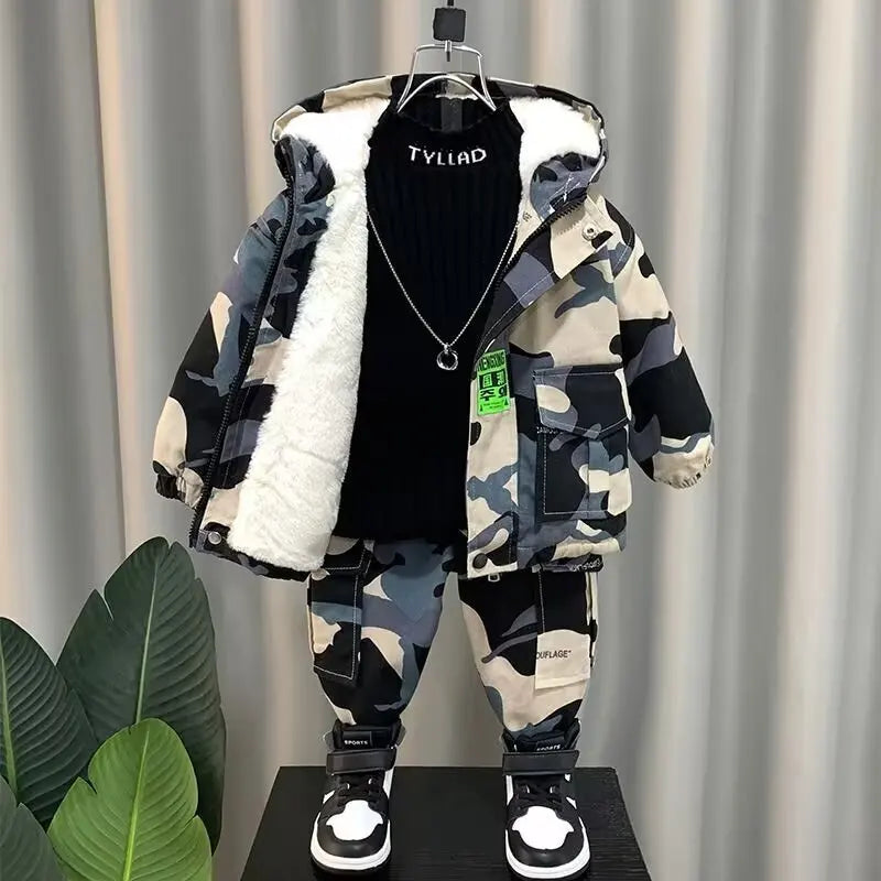 Casaco de blusão infantil com capuz, jaqueta de menino coreano, roupas infantis, camuflagem bonito, quente, inverno, outono, novo