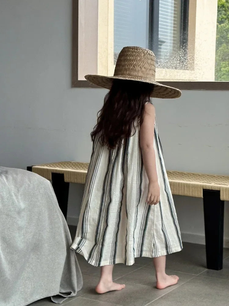 Crianças roupas meninas vestido sem mangas nova moda verão 2025 estilo coreano listra vertical francês retro vestido de férias