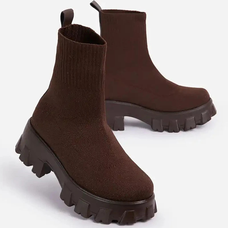 Botas femininas botas de plataforma elástica respirável primavera verão saltos botas mujer deslizamento em botas de tornozelo mulher elegante sapatos de salto