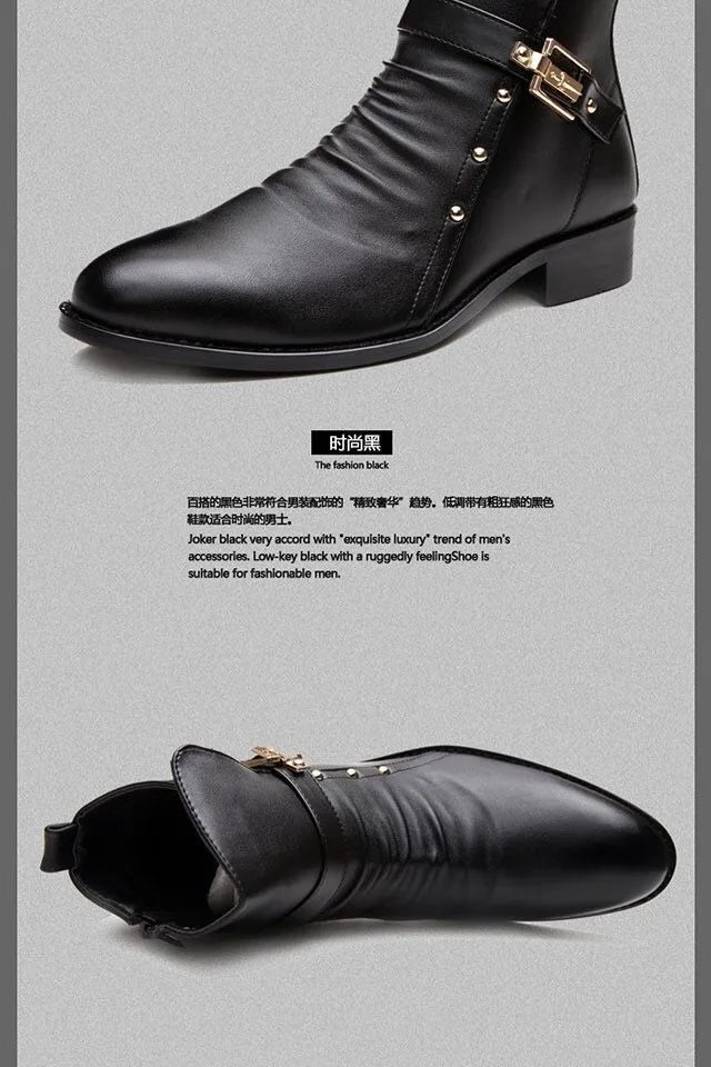 Inverno apontou toe botas de cano médio masculino fivela cinta chelsea bota para homens de couro botas de motocicleta alta superior homem sapato de inverno