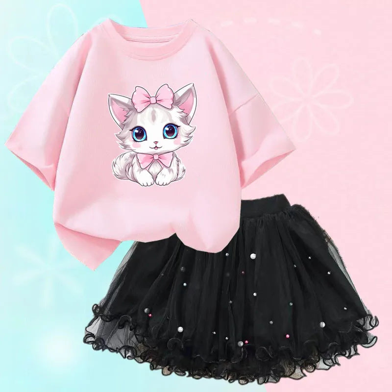 Roupas de verão para meninas, camiseta fofa de gato e saia tutu de malha, conjunto de duas peças, roupas coreanas para crianças de 3 a 14 anos