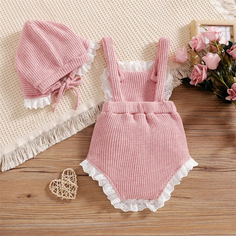 Criança bebê meninas 2 pçs macacão roupas terno verão contraste cor bowknot sem mangas plissado malha macacão chapéu crianças outfit