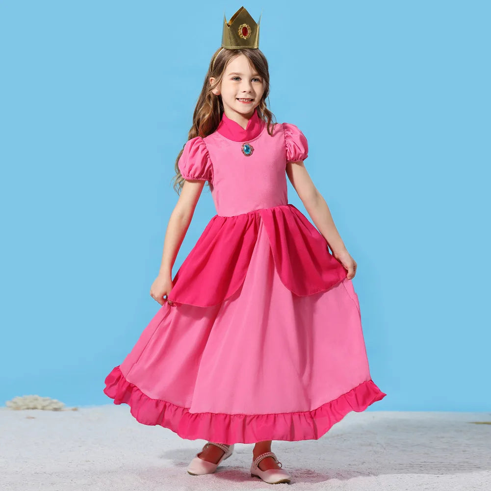Pêssego rosalina vestido meninas margarida cosplay roupas crianças halloween vestir-se roupas de verão rendas applique princesa traje
