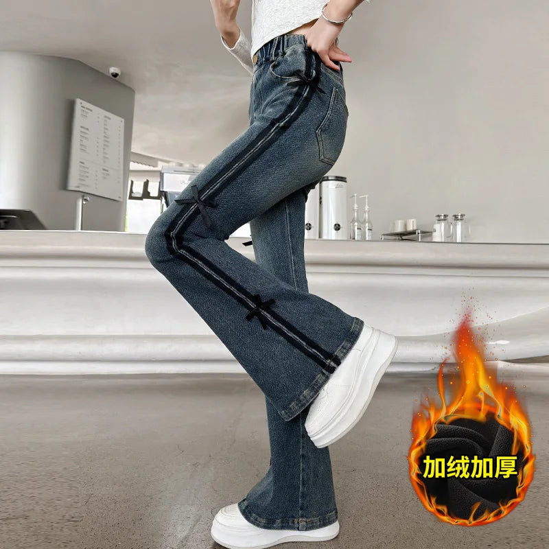 Crianças inverno fino ajuste bootcut flanela forrado jeans para meninas elegante isolado queimado calças jeans crianças calças térmicas quentes