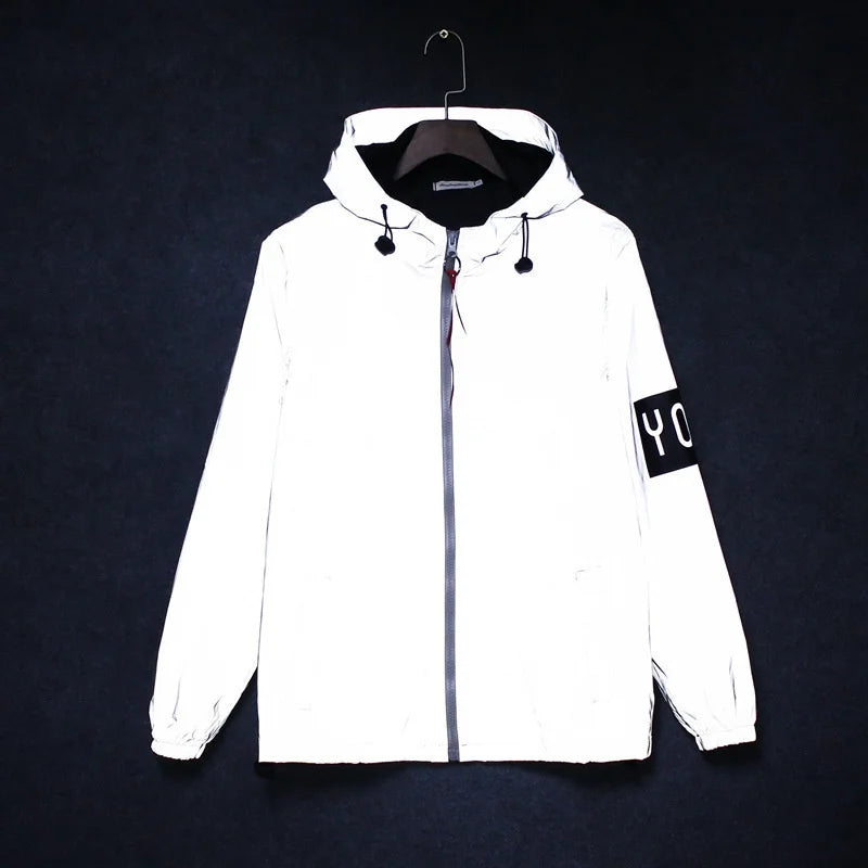 Jaqueta reflexiva completa masculina casual feminino blusão hip hop casaco com capuz à prova dwaterproof água impresso streetwear noite jaquetas brilhantes 5xl