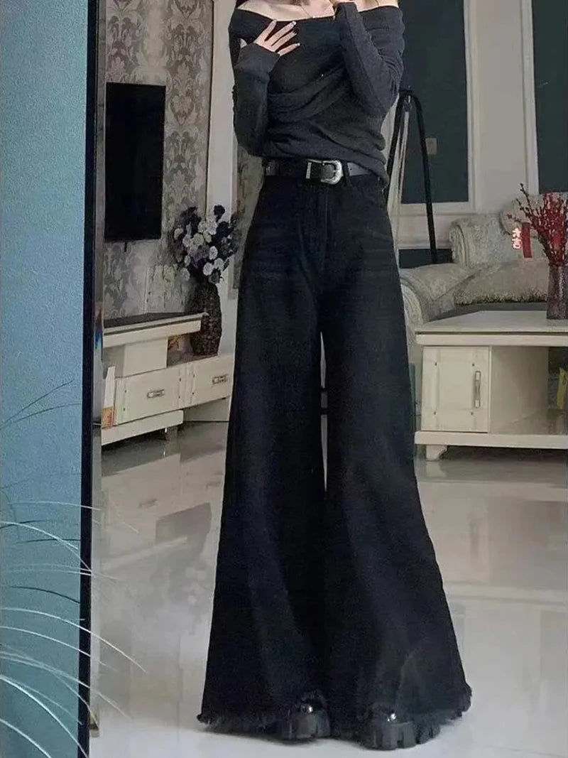 Preto perna larga jeans feminino outono vintage borda crua borlas bootcut calças jeans soltas cintura alta streetwear harajuku novo