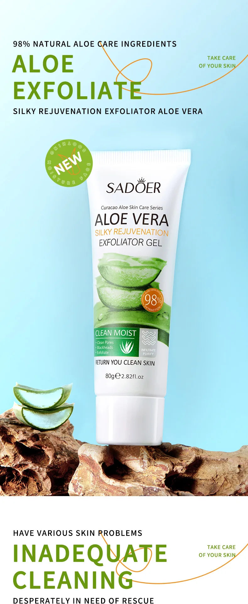 SADOER Gel Esfoliante Facial de Aloe Vera: Limpeza Profunda, Hidratação Suave e Esfoliação Facial