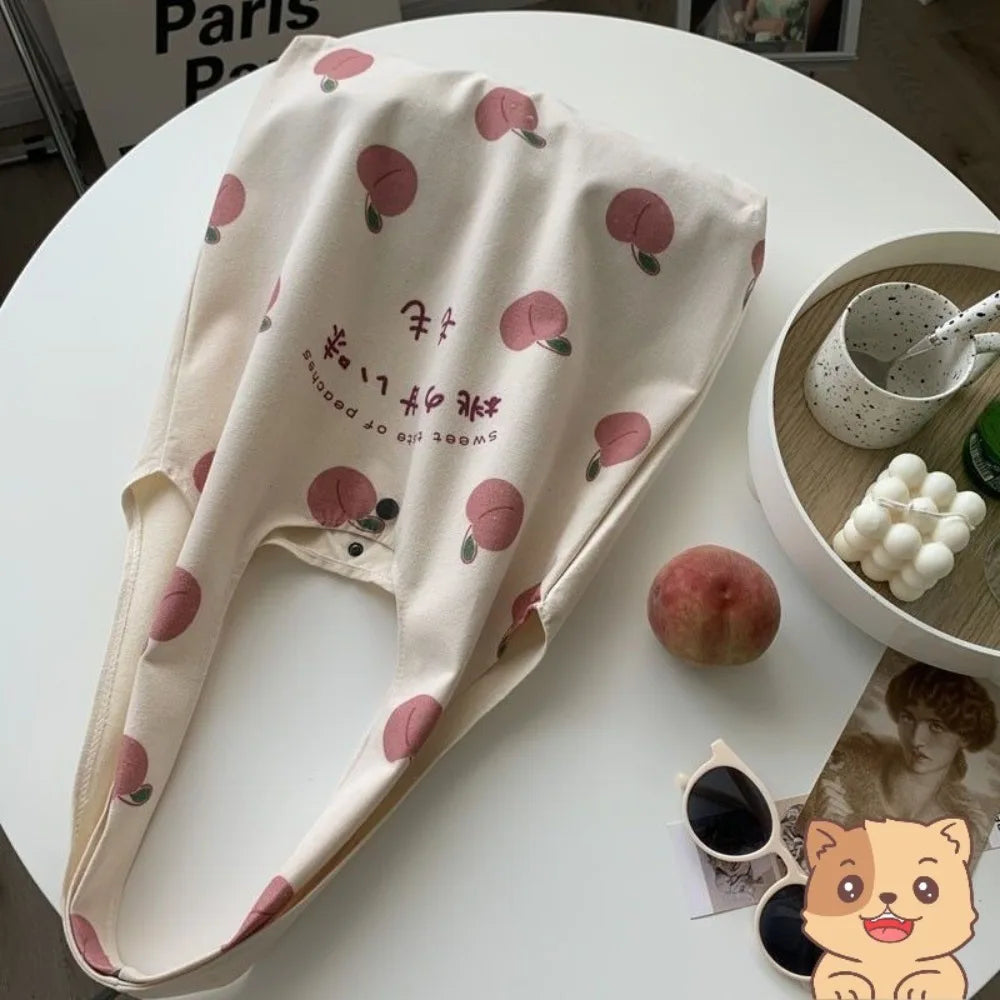 Sacola de morango bonito para meninas da escola, bolsas estéticas, bolsa Shopper Designer, mulheres Peach Print, bolsas de ombro Eco