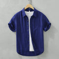 Camisa de linho de manga curta masculina, camisa respirável solta, camisa casual artística, monocromática, verão