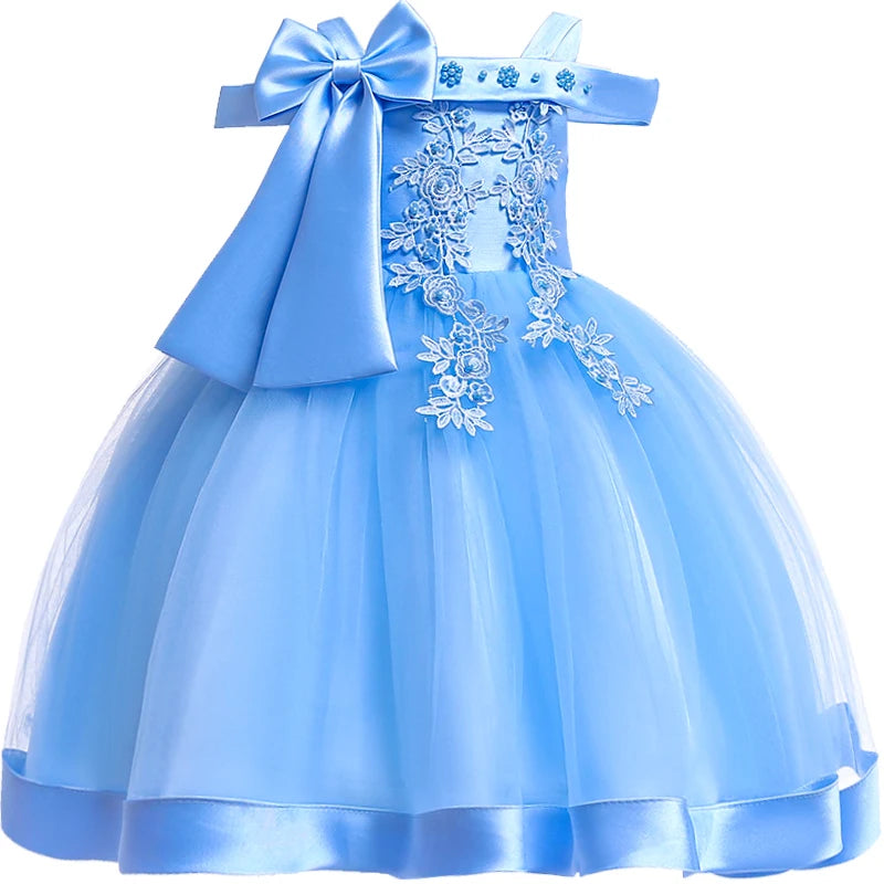Apliques Femininos Flor Elegante Vestido de Noiva com Laço, Vestidos de Festa de Natal Infantil, 3 a 10 anos