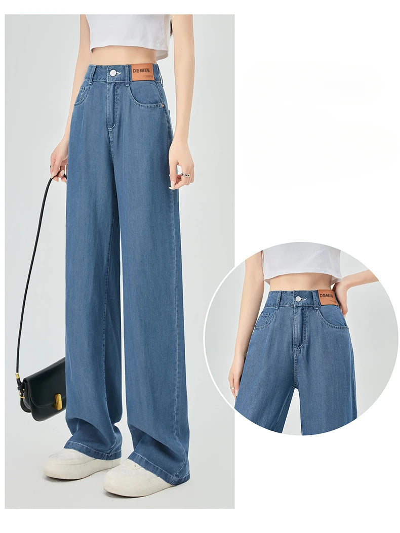 Jeans de cintura alta de seda gelo feminino, verão, azul, solto, perna larga, elegante, simples, lazer, todos os fósforos, diário, na moda, chique, moda coreana