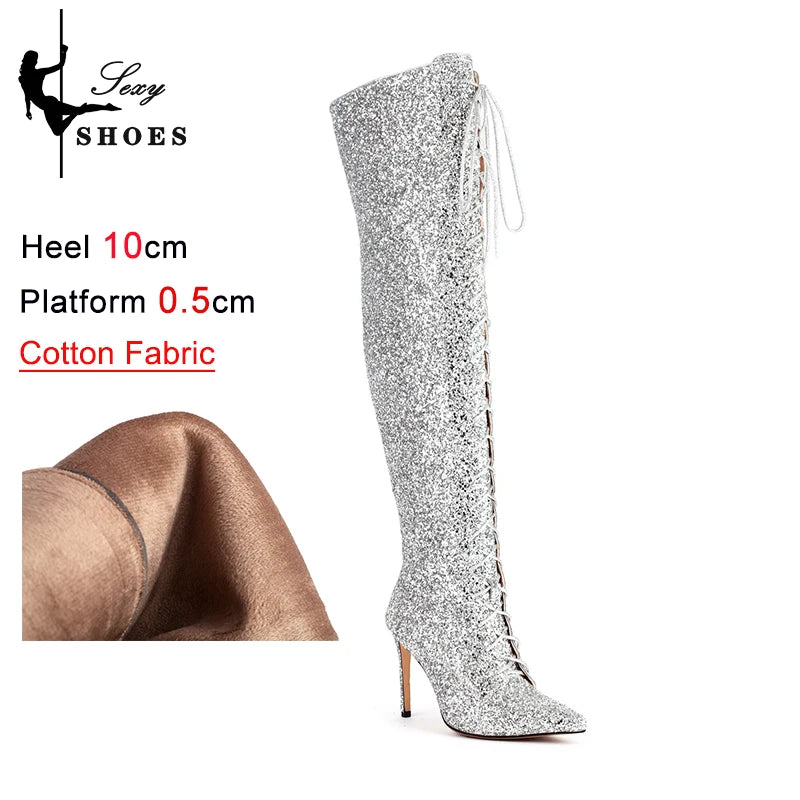 Botas femininas de lantejoulas acima do joelho, salto alto fino, botas longas pontiagudas, sapatos de festa para senhora, moda boate, 10cm, outono e inverno