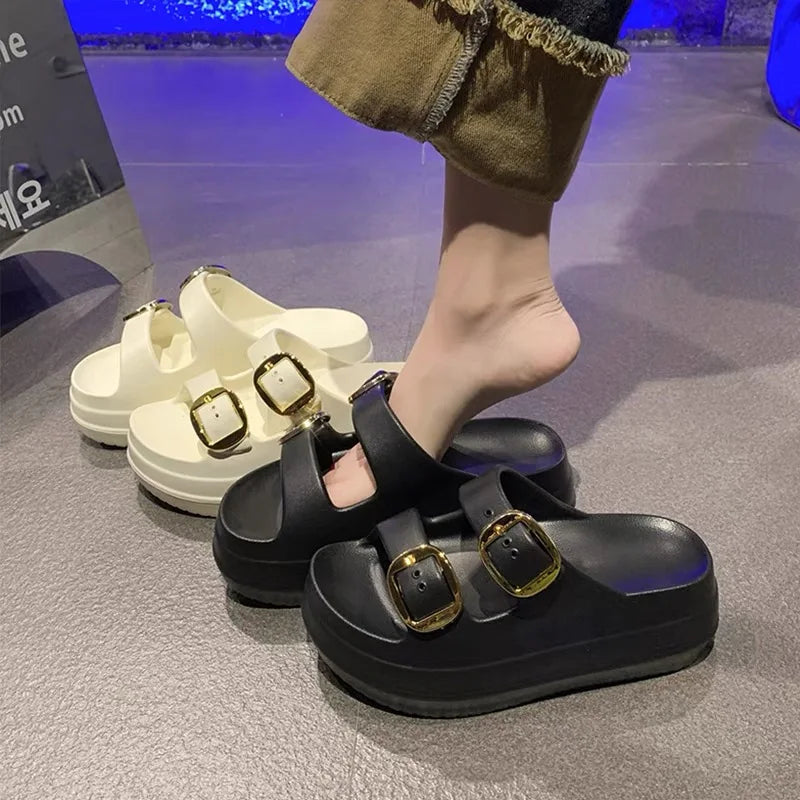 Chinelos de plataforma para mulheres, cor sólida, antiderrapante, sola grossa, para uso interno, praia, verão