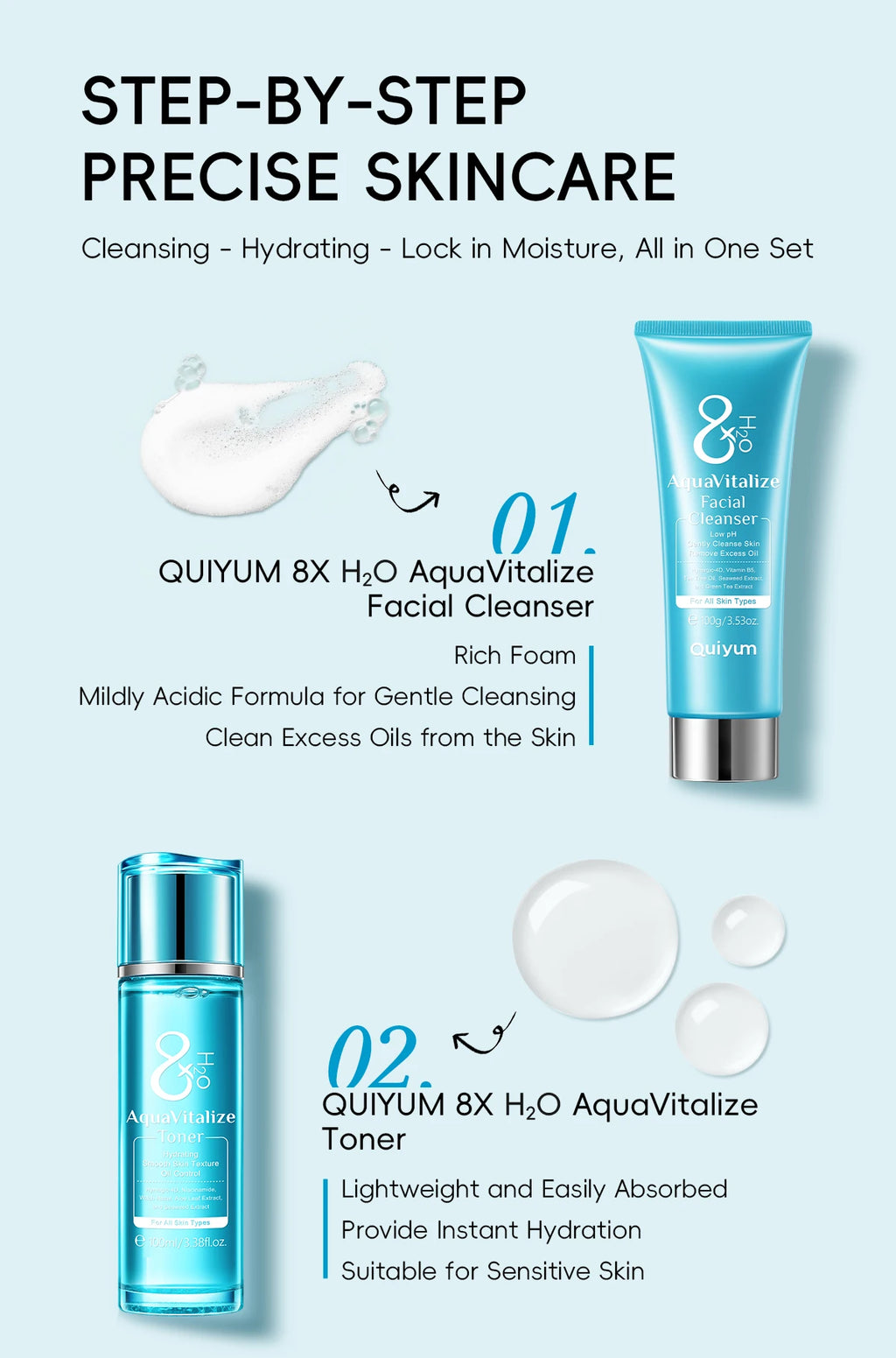 QUIYUM 8X H2O AquaVitalize Skincare Set 5PCS Kit de hidratação profunda Rugas Suavização Tratamento de aperto Conjunto de presente