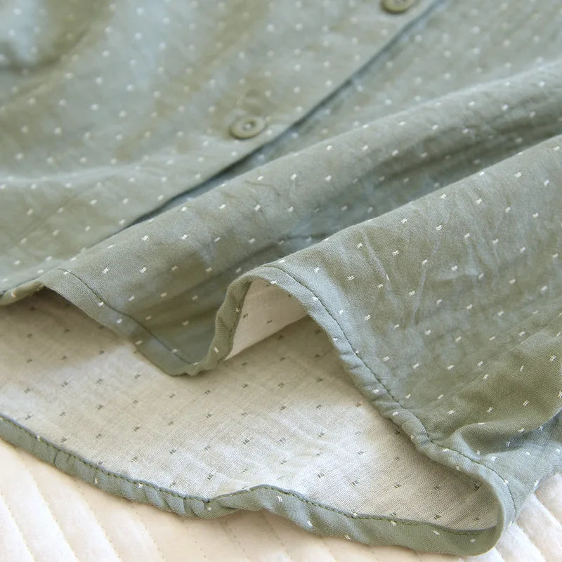 Algodão feminino polka dot pijama define fio-tingido gaze manga longa calças loungewear casual simples pijamas em torno do pescoço nightwears
