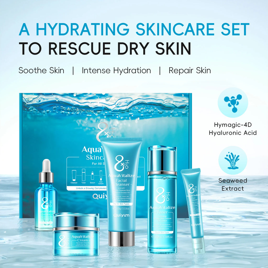QUIYUM 8X H2O AquaVitalize Skincare Set 5PCS Kit de hidratação profunda Rugas Suavização Tratamento de aperto Conjunto de presente