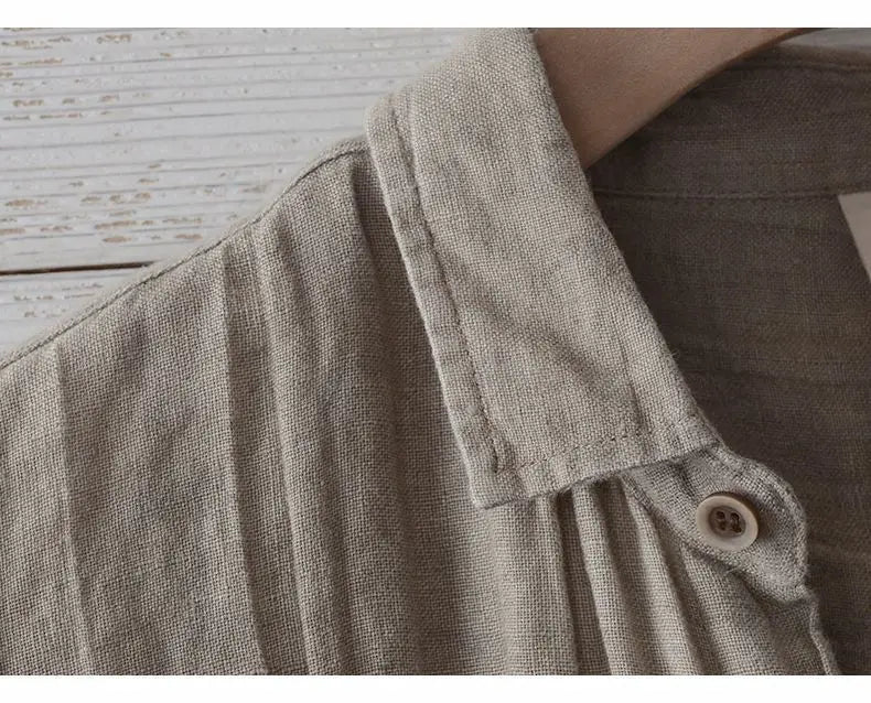 Camisa de Linho de Manga Curta para Homens, Camisa Casual Solta e Fresca de Verão em Cores Sólidas, Estilo Retro Japonês