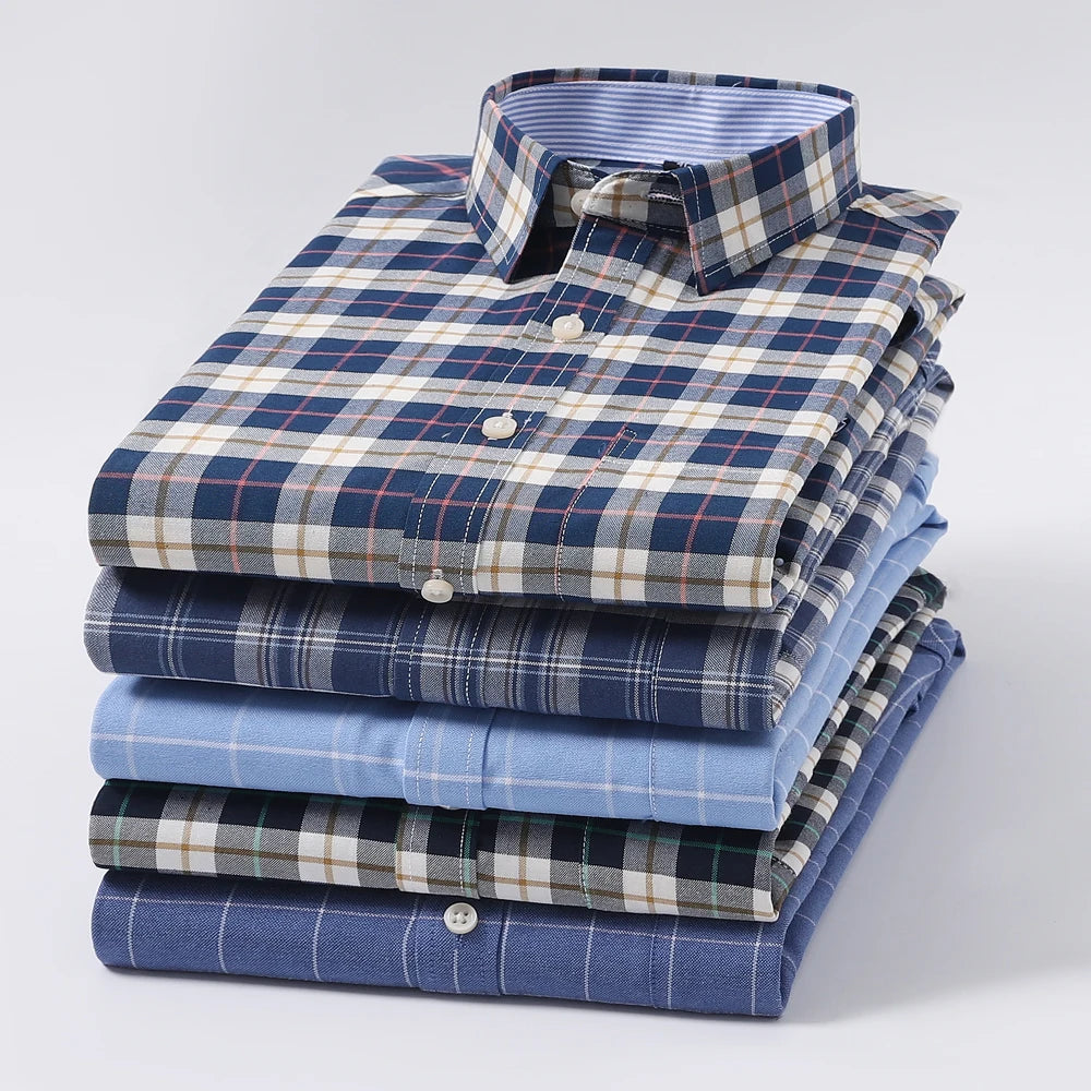Camisas de vestido de algodão com design de gola de lapela listrada xadrez na moda masculina, camisa casual de manga comprida com botões para primavera/outono
