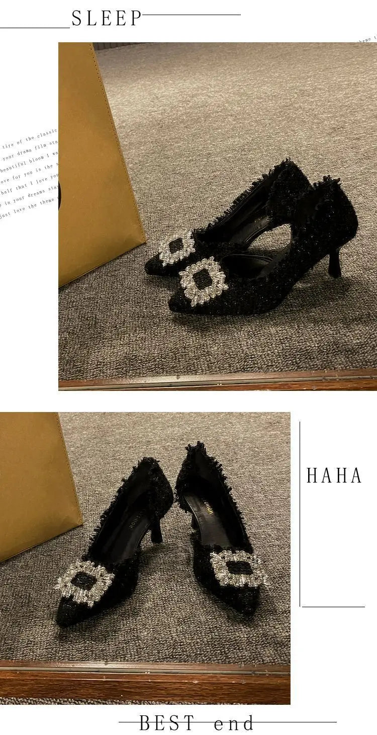 Salto estilete para mulheres, sandálias de strass, botão quadrado, sapatos de casamento, moda feminina, branco, 2024