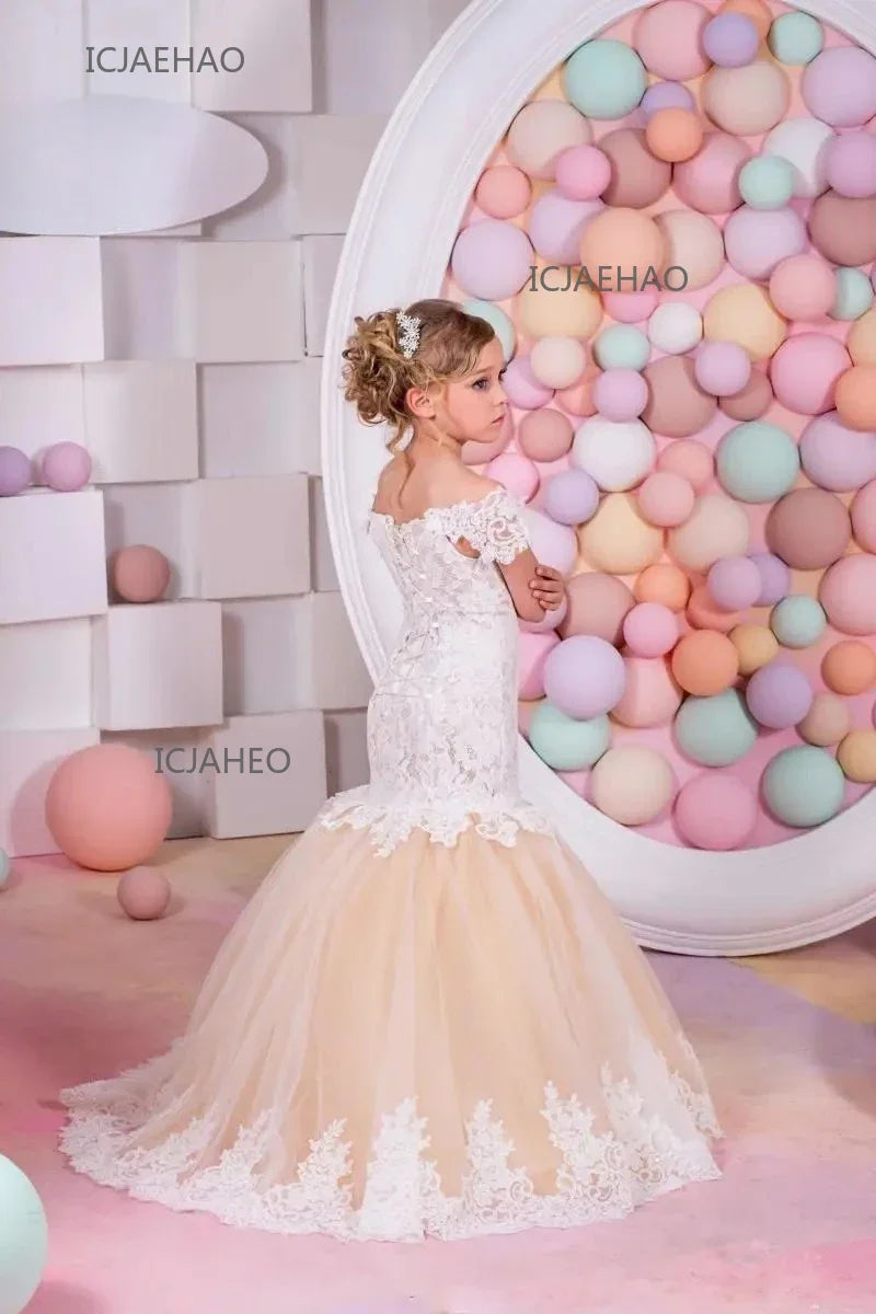 Bebê flor menina vestido crianças rendas longo noite crianças vestidos para casamento bridesmade baile de formatura sereia vestido festa formal vestidos de baile