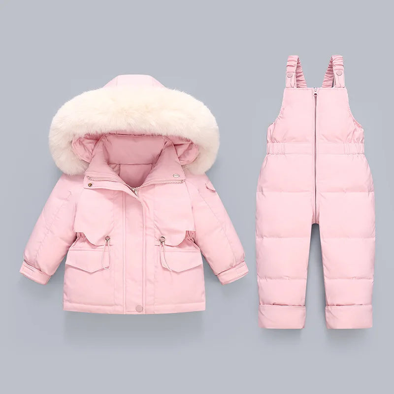 Crianças para baixo casaco jaqueta + macacão crianças da criança menina menino roupas para baixo 2 pçs roupa de inverno terno quente do bebê macacão conjuntos