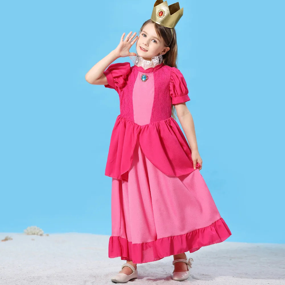 Pêssego rosalina vestido meninas margarida cosplay roupas crianças halloween vestir-se roupas de verão rendas applique princesa traje