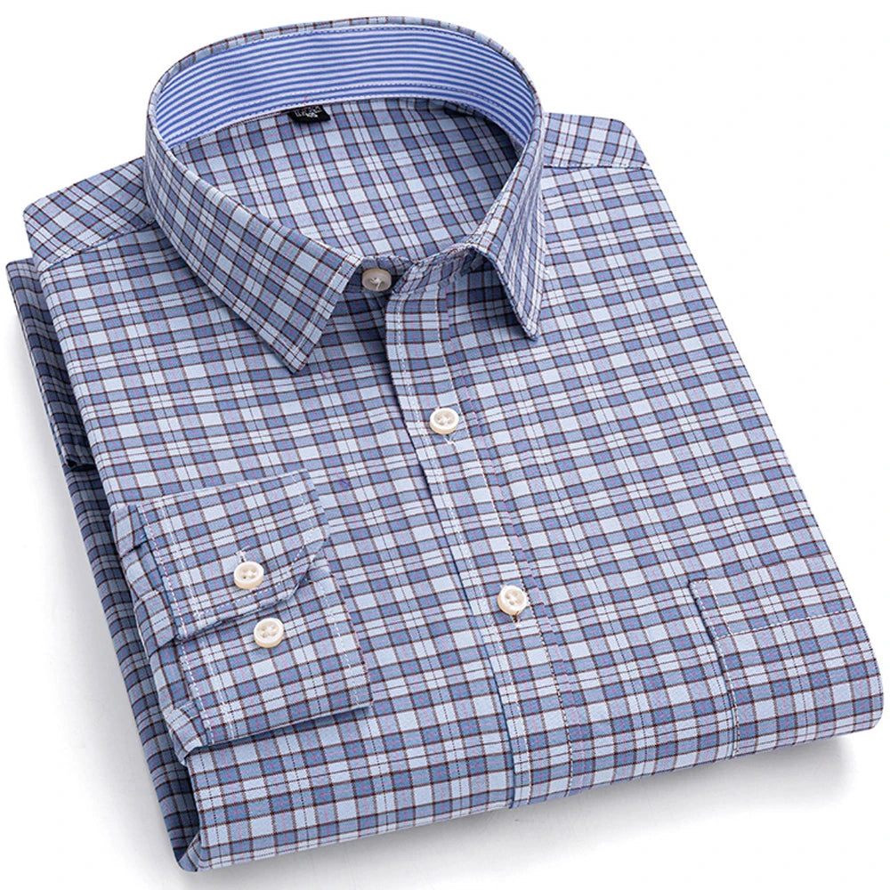 Camisas de vestido de algodão com design de gola de lapela listrada xadrez na moda masculina, camisa casual de manga comprida com botões para primavera/outono