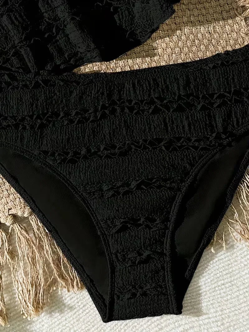 Conjunto de biquíni preto e branco para meninas, 2 peças, roupa de banho de cor sólida para crianças, meninas, verão, férias na praia