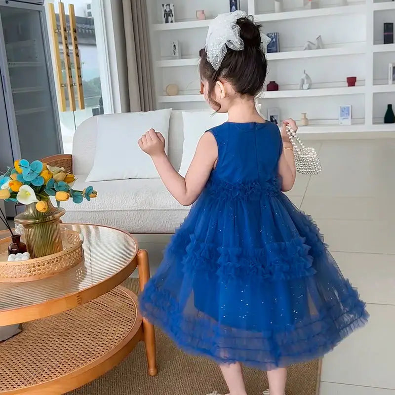 Novo Vestido Estilo Coreano 2026 para Crianças, Vestido de Verão Doce com Alças e Tule para Meninas