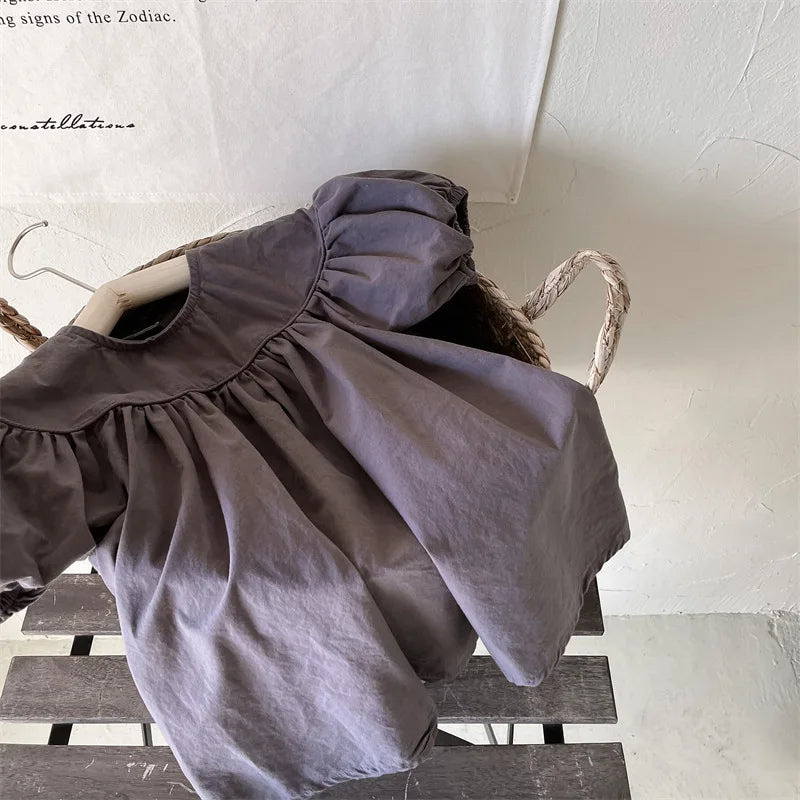 Vestidos de Algodão para Meninas Bebê Estilo Coreano Verão 2026 com Mangas Bufantes em Cores Sólidas